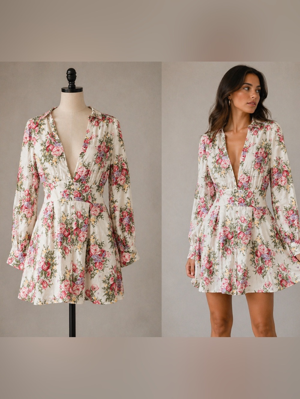 MAJORELLE Cream Floral V-Neck Mini Dress with Pink Roses